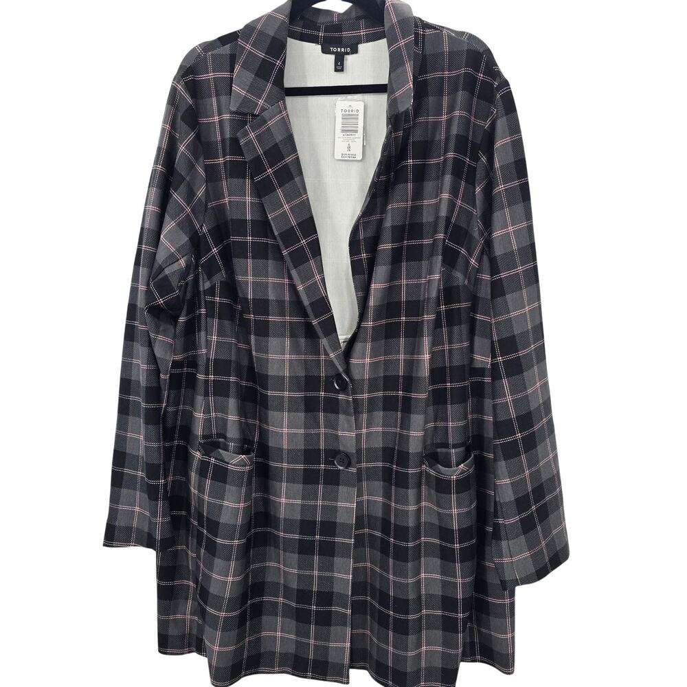 Torrid Blazer Womens 4X Black Plaid Longline Lightweight Ponte Jacket Plus